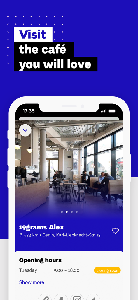 European Coffee Trip mobile app showing a specialty cafe profile in Berlin with photos and opening hours