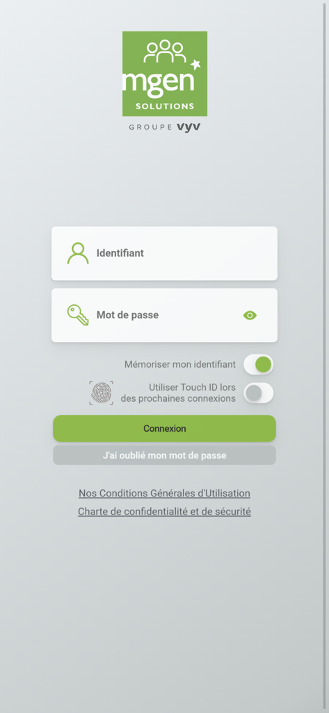 Login screen for the MGEN Solutions health insurance mobile application