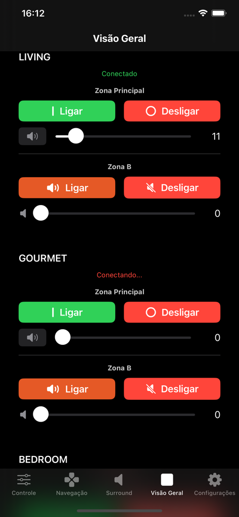 Better Remote - Tela de visão geral do aplicativo Better Remote mostrando controles de energia e volume para várias zonas de áudio em salas diferentes
