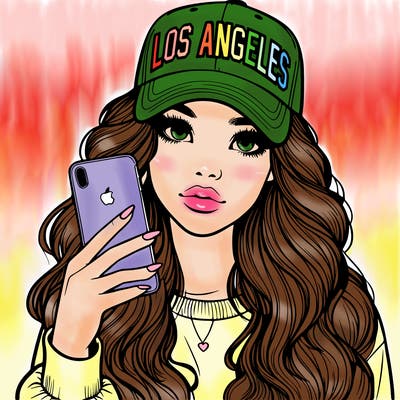 realistic beautiful girl wearing los ángeles cap holding an iphone