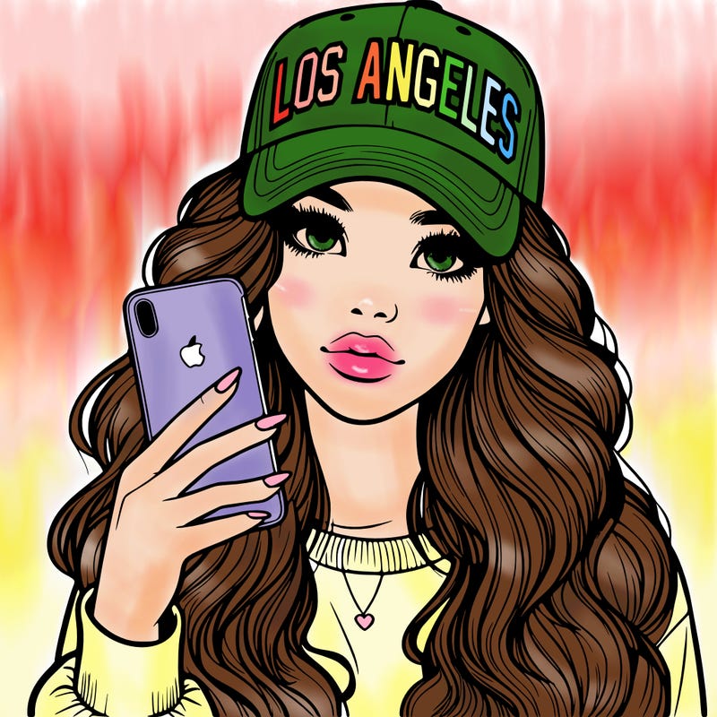 realistic beautiful girl wearing los ángeles cap holding an iphone