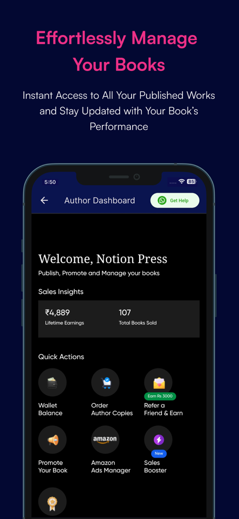 Notion Press - Notion Press app author dashboard showing sales insights and quick publishing management tools