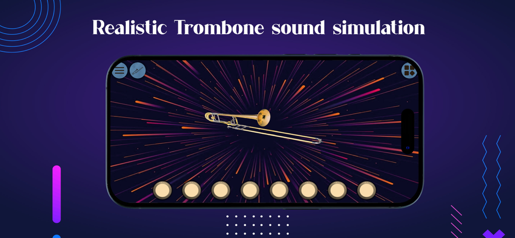 A smartphone screen displaying the Deep Beat Trombone app with a realistic trombone sound simulation interface