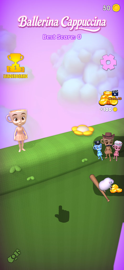 Ballerina Cappuccina - Main menu of Ballerina Cappuccina game featuring a character with a coffee cup head on a green platform with a pink sky background