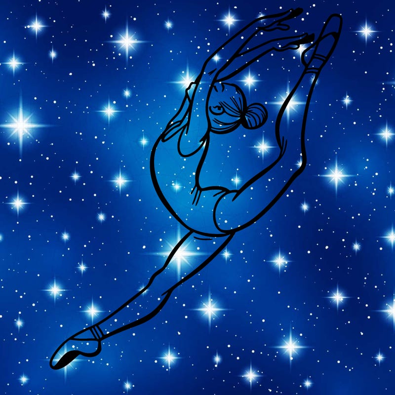 gymnast doing a leap in a leotard with a bent back leg