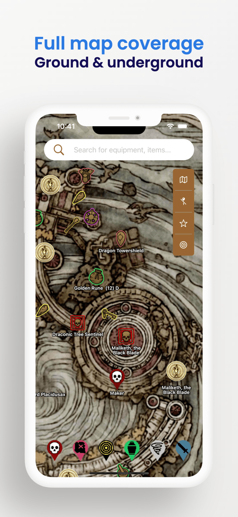 Elden Map - Interactive Map - Una interfaz móvil de la aplicación Elden Map mostrando cobertura completa del terreno y subterránea con iconos para jefes y objetos en Elden Ring.