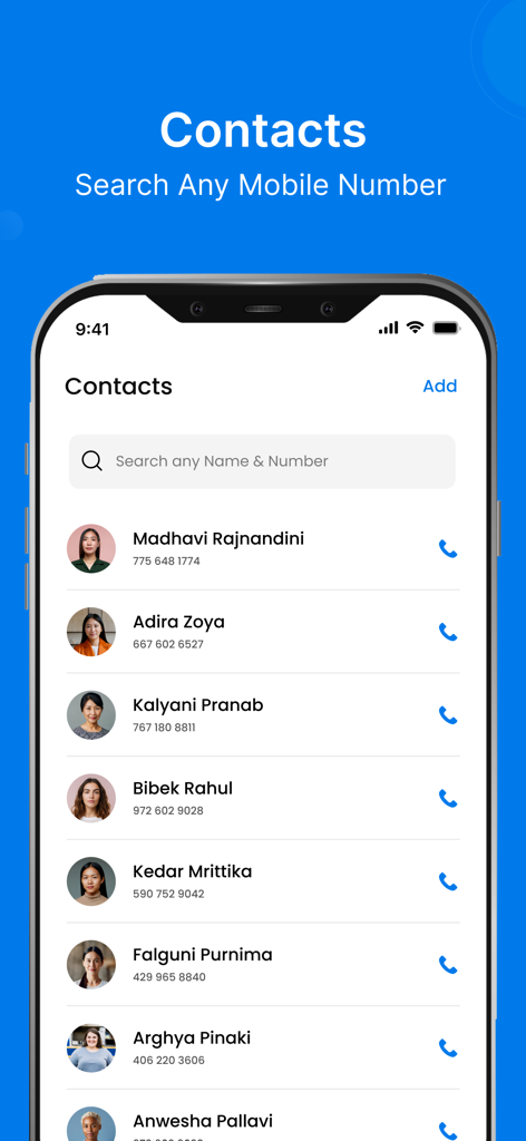 Caller Name Announcer App - Uma interface de smartphone mostrando uma lista de contatos com fotos de perfil e uma barra de pesquisa dentro do Aplicativo Announcer de Nome de Chamada.
