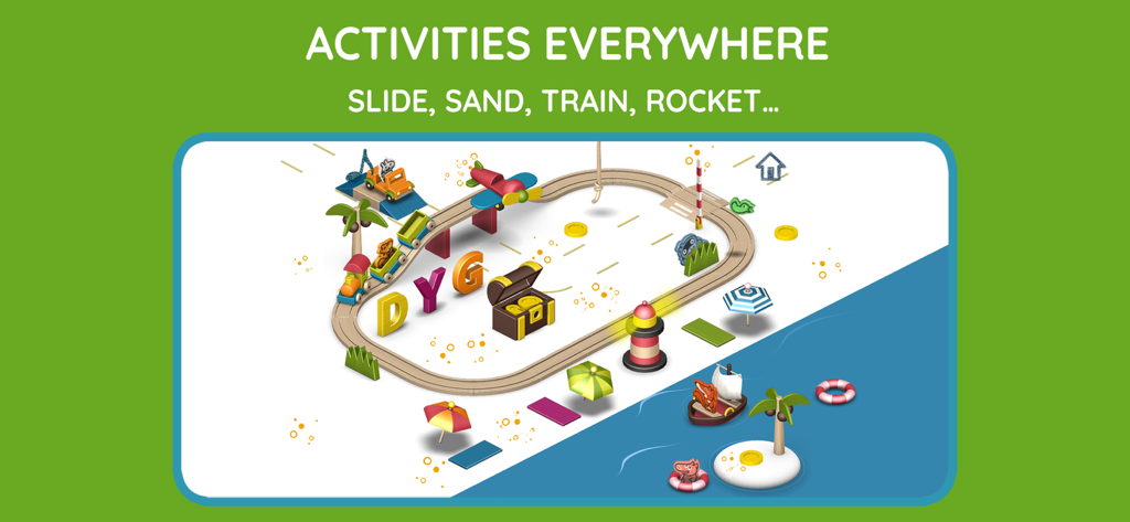 Pango Playground for kids - Educational app interface showing a train track treasure chest and pirate ship for kids