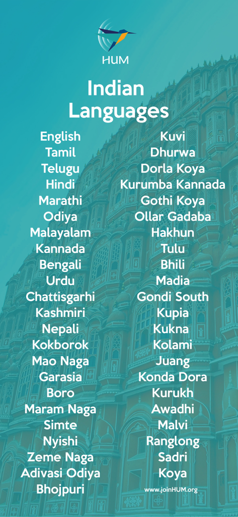 A list of various Indian languages supported by the HUM Audio Bible App.