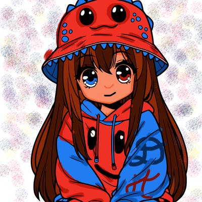 girl with anime shaped eyes with a dinosaur bucket hat oversized sweatshirt long straight hair