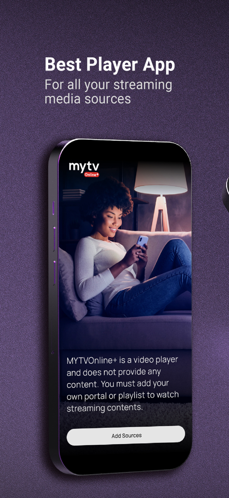 MYTVOnline plus IPTV player welcome screen on a smartphone showing the add sources button