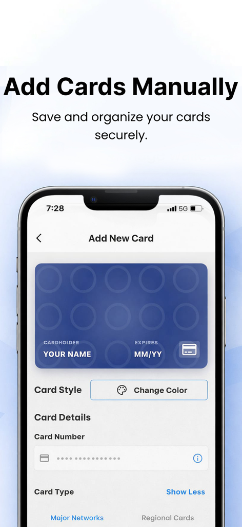NFC Reader & Card Wallet - Interfaccia per aggiungere e organizzare manualmente le carte nell'app Lettore NFC e Portafoglio Carte