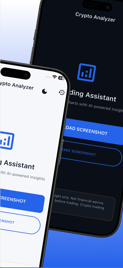 Crypto AI: Trading Analyzer - Interfaz de la aplicación móvil Crypto AI que muestra opciones para subir o tomar capturas de pantalla de gráficos para análisis automatizado