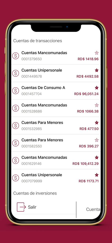 Interfaz de la aplicación ADAP en Línea mostrando una lista de cuentas de transacciones y saldos en moneda RD