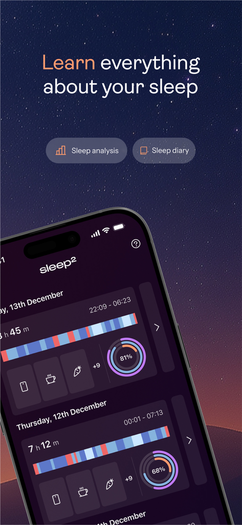 Dashboard of sleep squared app displaying sleep duration and analysis data