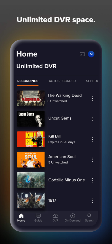 Sling: Live TV, Sports & News - Sling TV App-Oberfläche mit unbegrenzten DVR-Aufnahmen, die Filme und Serien wie The Walking Dead und Kill Bill zeigt