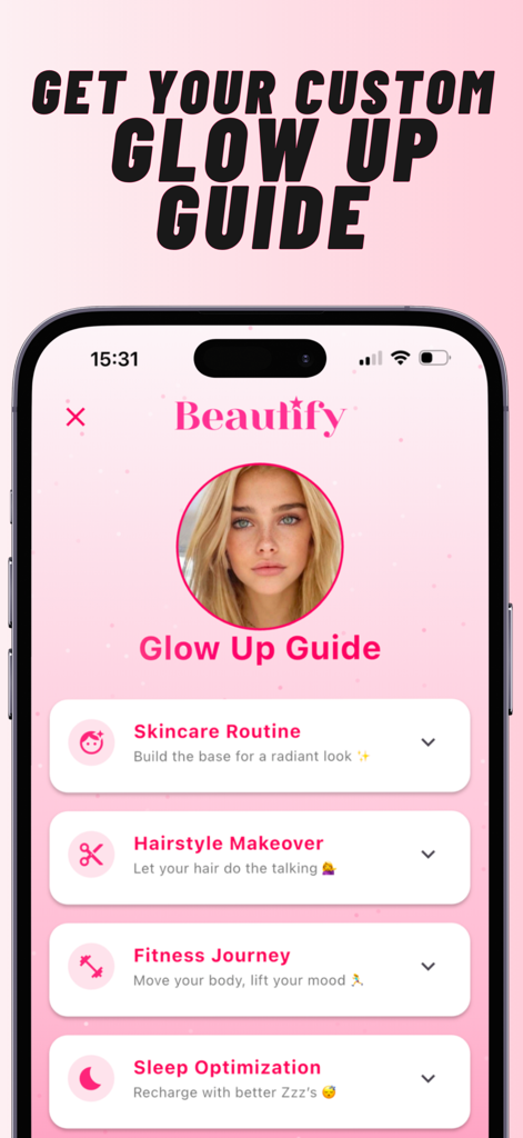 Beautify - Glow Up - Una pantalla de Guía de cambio de imagen personalizada en la aplicación Beautify que muestra recomendaciones personalizadas de cuidado de la piel, peinado, fitness y sueño.
