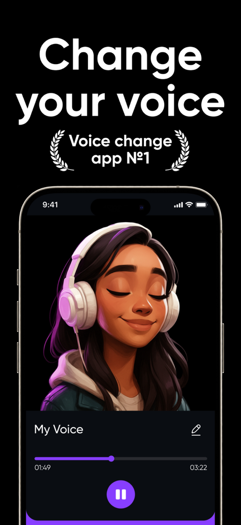 Voice Changer - Song Maker - Voice Changer App-Oberfläche, die ein Mädchen mit Kopfhörern und eine Wiedergabeleiste für Sprachaufnahmen zeigt.