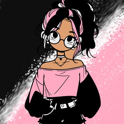 girl with a messy ponytail glasses a baggy crop top and jean shorts