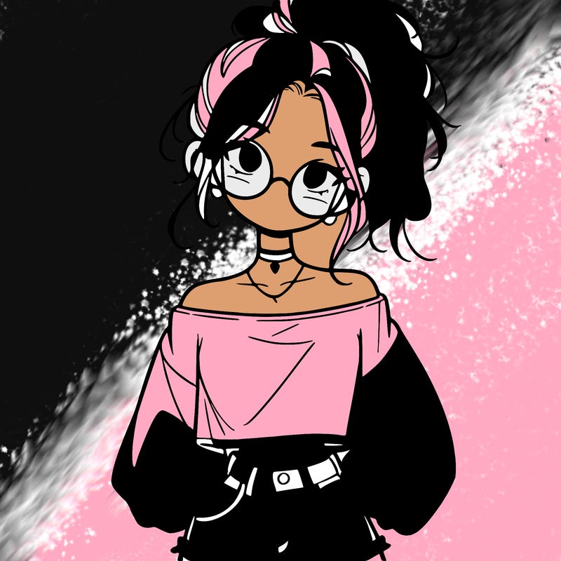 girl with a messy ponytail glasses a baggy crop top and jean shorts