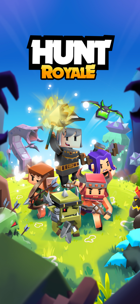 Hunt Royale: Action RPG Battle - Promotional artwork for Hunt Royale featuring various voxel-style fantasy characters and monsters in a vibrant landscape