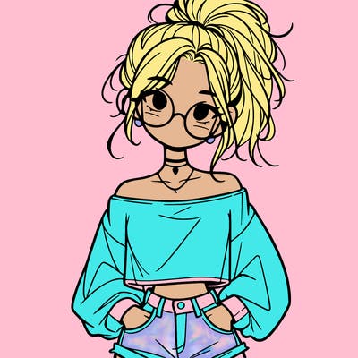 girl with a messy ponytail glasses a baggy crop top and jean shorts