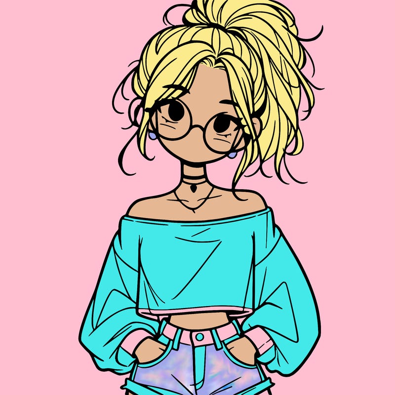 girl with a messy ponytail glasses a baggy crop top and jean shorts