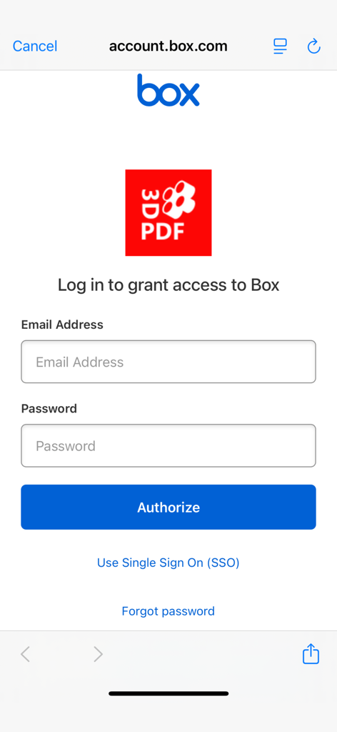 Login screen for Box cloud storage integration within the 3D PDF Viewer app