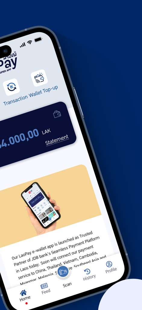 LaoPay app home screen displaying wallet balance in Lao Kip and navigation menu