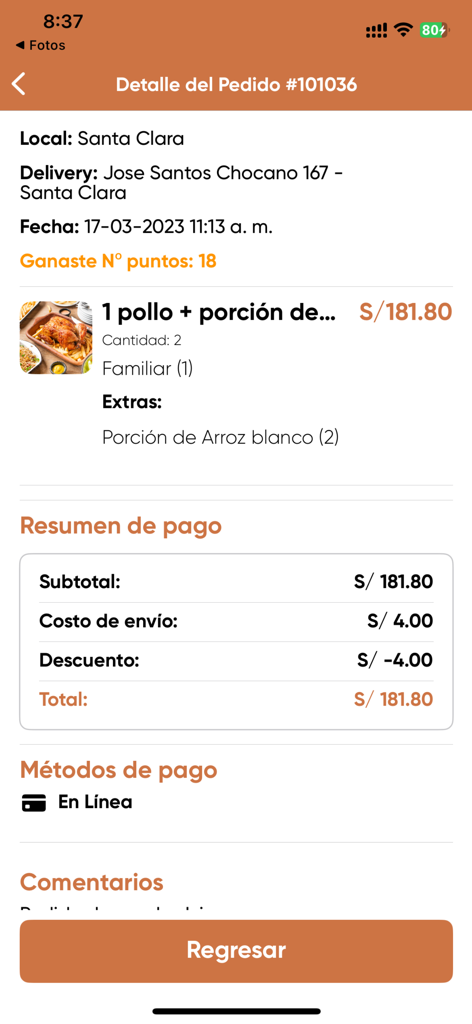 Donde Walter - Donde Walter app screen showing a detailed order summary with itemized costs delivery address and payment status