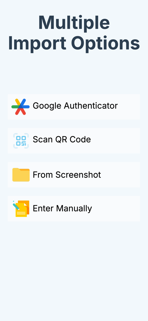 Authenticator - OTP Manager - Screenshot of the Authenticator app showing multiple account import options including Google Authenticator and QR code scanning