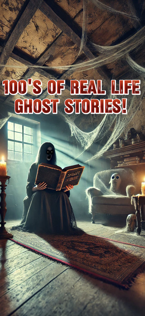 Ghost Detector & Spirit Box - Una figura espeluznante leyendo un libro de historias de fantasmas en un ático embrujado con telarañas