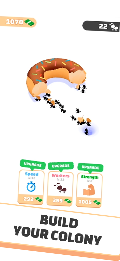 Idle Ants - Simulator Game - Ants deconstructing a donut in Idle Ants simulator with colony upgrade options for speed and workers