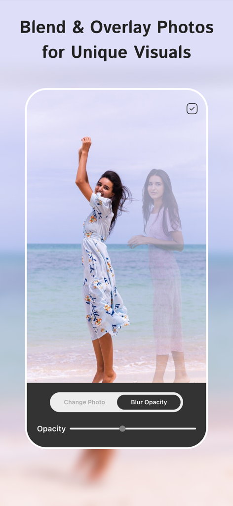 PixelLab: AI Photo Editor - PixelLab app interface showing how to blend and overlay two photos with opacity control