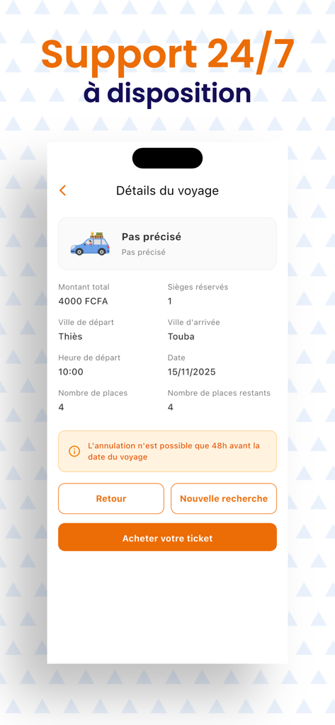 Allo Dakar H24 - Interface de l'application Allo Dakar H24 affichant les détails du trajet de Thiès à Touba avec un bouton de réservation