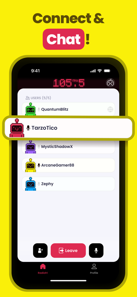 Radioh! - Walkie Talkie Radio - A screenshot of the Radioh app interface showing a live group voice chat with five users on a radio frequency