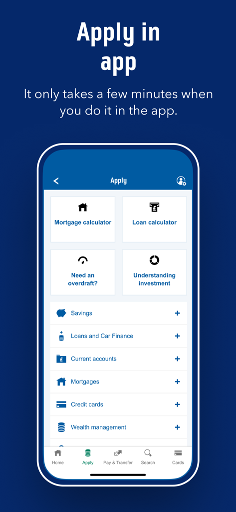 Bank of Scotland Mobile Bank - Interface of the Bank of Scotland mobile app showing options to apply for mortgages loans and credit cards