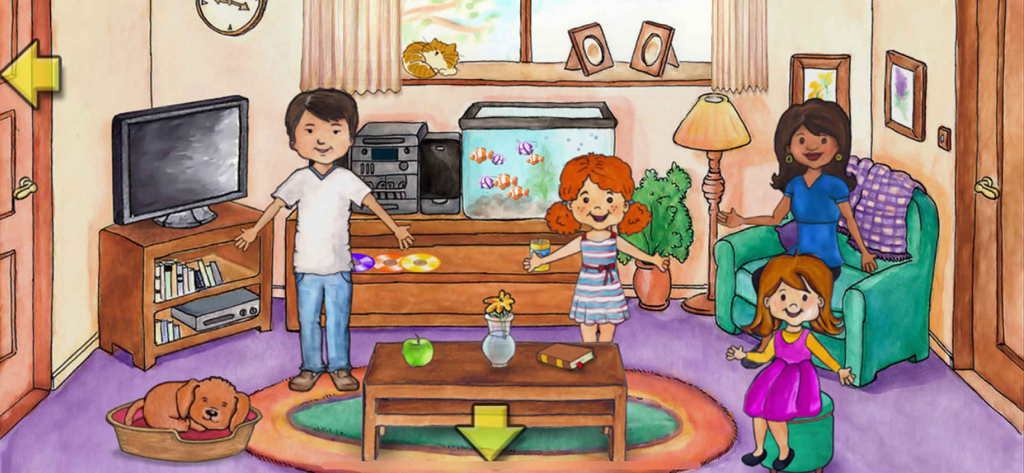My PlayHome Plus - Eine digitale Puppenhaus-Wohnzimmerszene mit einer vierköpfigen Charakterfamilie, einem Fischbecken und einem schlafenden Hund.