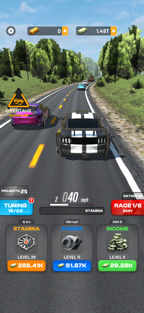 Highway Overtake car racing gameplay and tuning menu showing car upgrades
