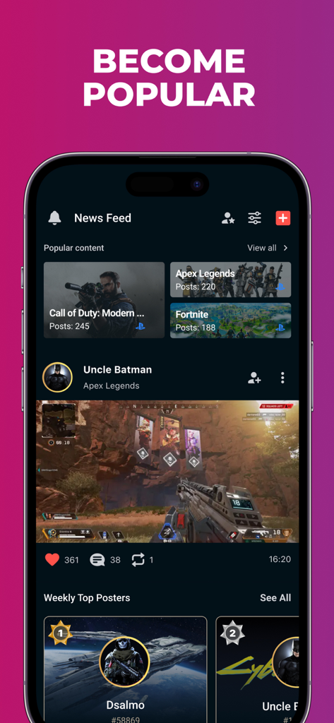 A mobile interface of the Plink app showing a news feed with trending game content and top weekly posters for competitive gamers.