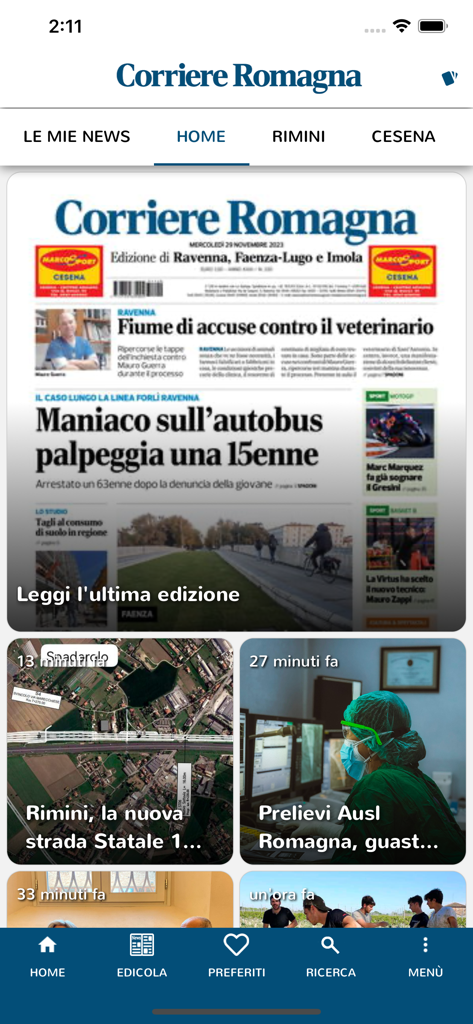 Corriere Romagna Digital - Home screen of the Corriere Romagna news app showing a digital newspaper replica and local news stories