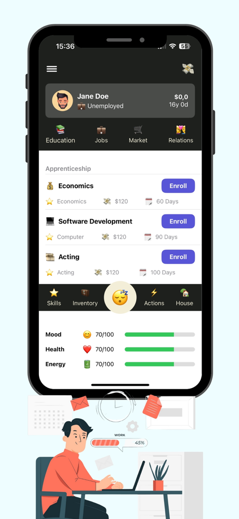 Real Life Simulator - Real Life Simulator game screen showing education enrollment options and character stats for mood health and energy