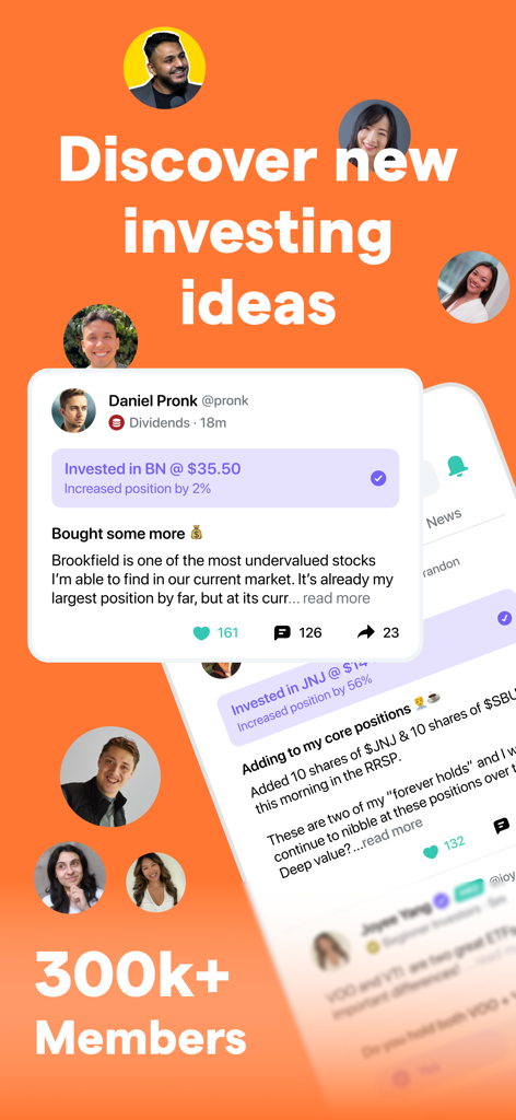 Blossom: Portfolio Tracker - Um feed social do aplicativo Blossom onde investidores compartilham negociações e ideias reais de portfólio com uma comunidade de mais de 300.000 membros.