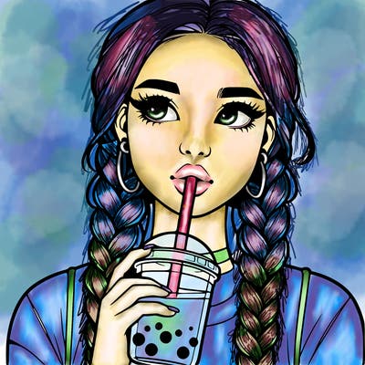 realistic girl with braided hair drinking boba