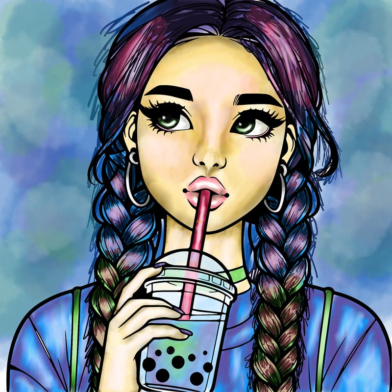 realistic girl with braided hair drinking boba