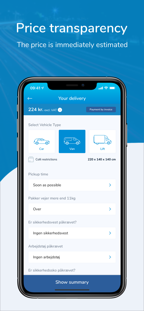 O aplicativo Mover exibindo um preço de entrega estimado e opções de veículo.