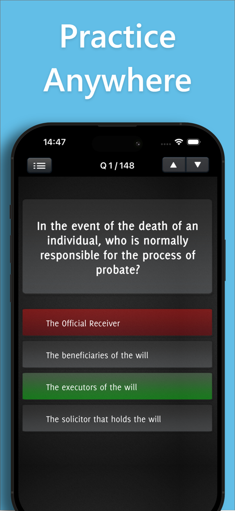 IMC Investment Management Exam - A smartphone displaying a practice question from the IMC Investment Management Exam app about the probate process.
