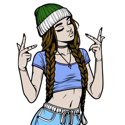 realistic teenage girl with braids and a beanie and crop top doing 🫶🏼