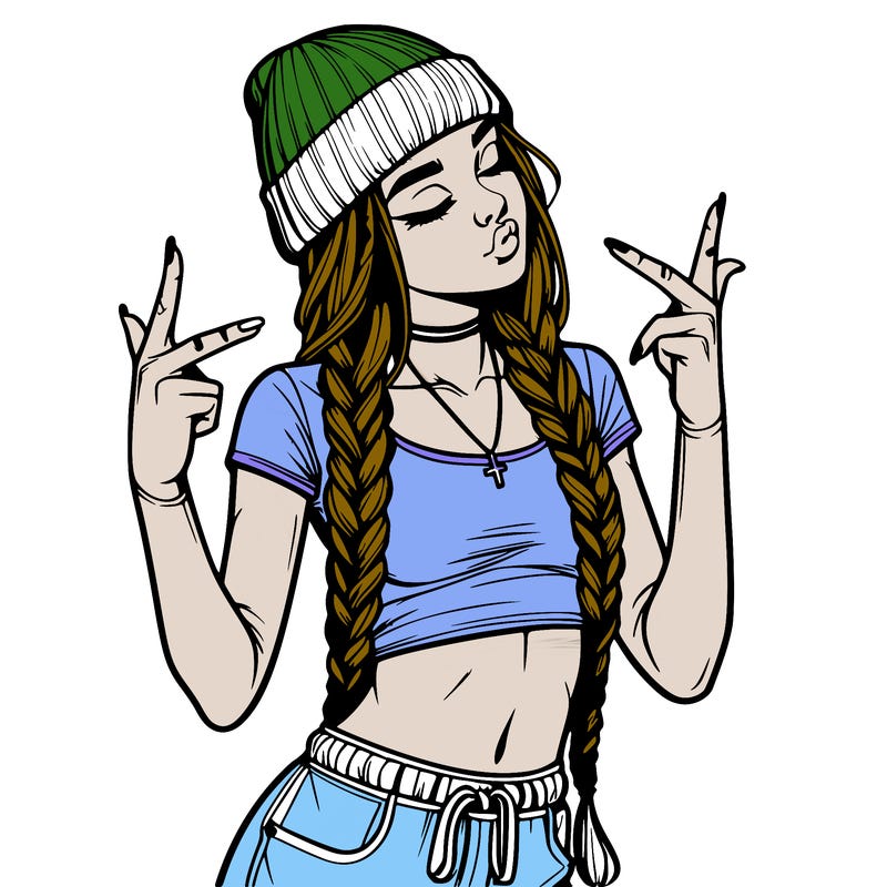 realistic teenage girl with braids and a beanie and crop top doing 🫶🏼
