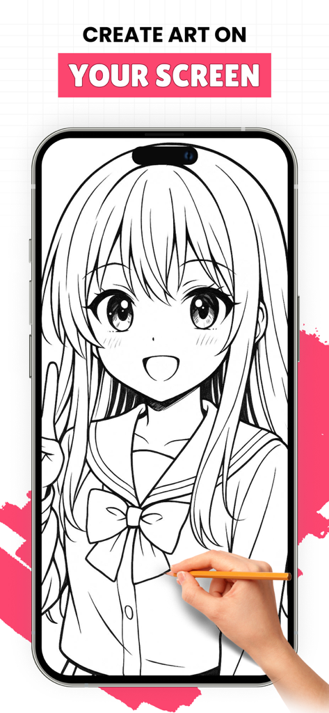 AR Sketch - AR Drawing - Eine Hand, die einen Bleistift verwendet, um ein schwarz-weißes Anime-Mädchen auf einem Handy-Bildschirm nachzuzeichnen.